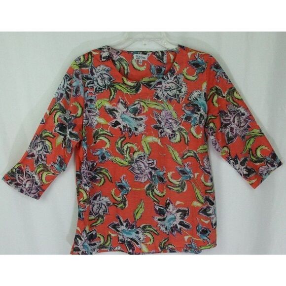 High Fifth Floral Top Orange Purple Petite XL PXL Bling Sparkle 3/4 Sleeve - Picture 1 of 5